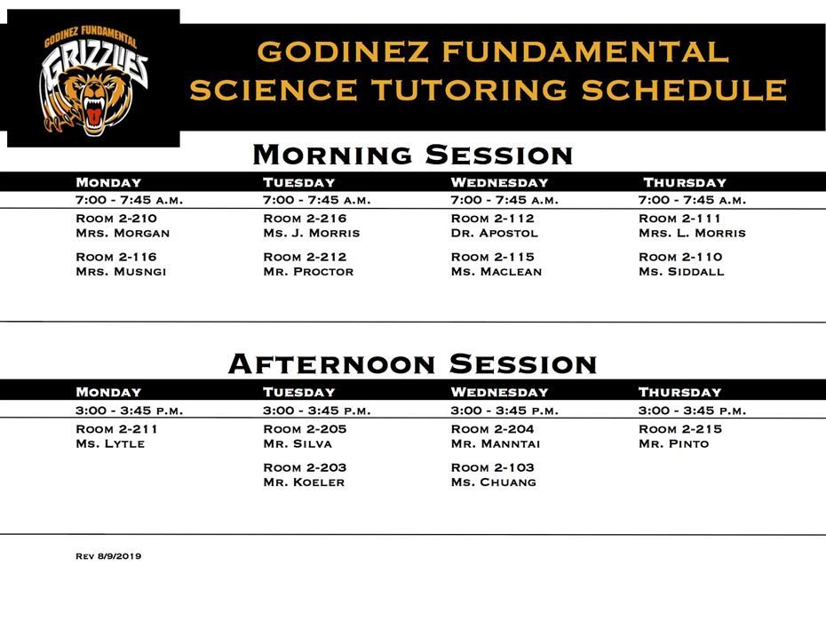 Science Tutoring Schedule 